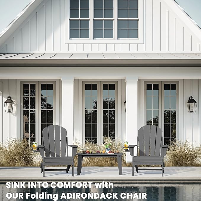 Adirondack Chair with Cup Holder Set of 2, Folding HDPE Patio Chairs, Outdoor Plastic Fire Pit Chair, Wood Texture, Lawn Chairs for Deck, Porch, Backyard, Garden, Slate Gray