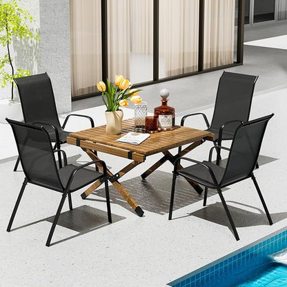 TLSUNNY Patio Chairs, Stackable Textilene Outdoor Dining Furniture for All Weather, with 17.7″ Wide Seat & Metal Frame, for Garden, Backyard, Deck, Restaurant, Poolside (4, Black, 26.4″)