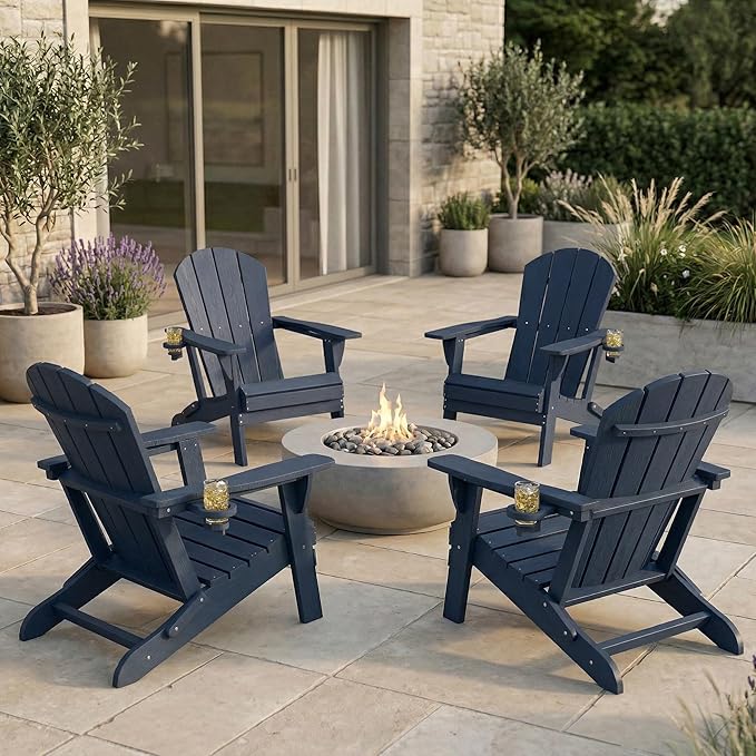 Kingdura Folding Adirondack Chairs Set of 4, Portable HDPE Outdoor Patio Chair with Wooden Textured & Cup Holder, Weather Resistant, 380LBS Capacity for Pool, Backyard, Balcony, Fire Pit (Navy Blue)