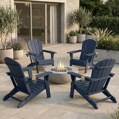 Kingdura Folding Adirondack Chairs Set of 4, Portable HDPE Outdoor Patio Chair with Wooden Textured & Cup Holder, Weather Resistant, 380LBS Capacity for Pool, Backyard, Balcony, Fire Pit (Navy Blue)