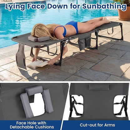 Giantex Face Down Tanning Chair, Folding Beach Lounge Chair w/ 4-Position Adjustable Backrest, Outdoor Sunbathing Lounge Chair w/Face Arm Holes & Storage Pocket for Patio Deck Poolside (2, Gray)