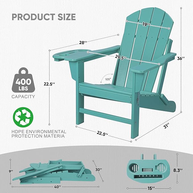 FOOWIN Folding Adirondack Chair, HDPE Adirondack Chairs with Cup Holder - Photo 3