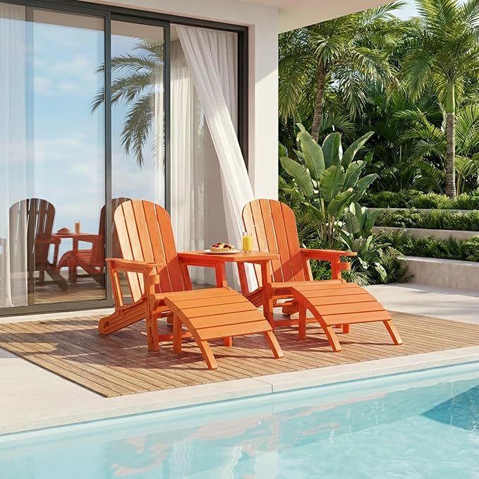 Shintenchi Adirondack Chair Set of 2,HDPE Adirondack Chairs with Umbrella Hole Connecting Tray & 2 Curved Ottoman,Plastic Outdoor Chairs with Cup Holders for Garden Backyard Pool,Orange