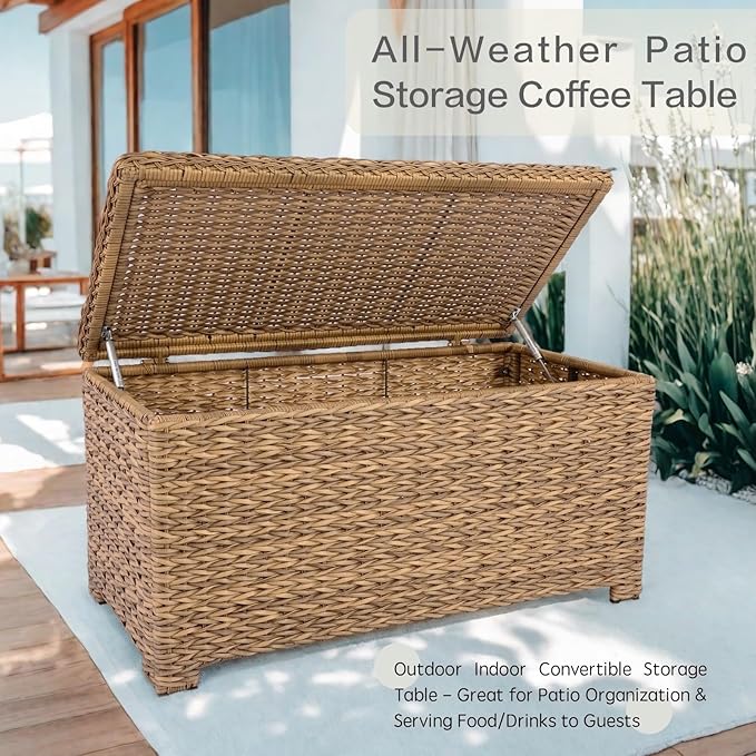 Laguna Point 40'' Outdoor Wicker Coffee Table w/Flip-Top Storage, HDPE Rattan Patio Center Table with Tempered Glass Top, Tan
