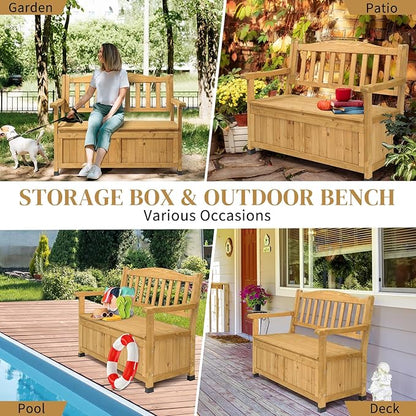 44" Large Wood Deck Box,Outdoor Garden Storage Container,Wooden Outdoor Patio Storage Bench,Patio Furniture Storage Bench,with Backrest & Armrest,for Porch Yard Lawn Poolside Backyard (Yellow)