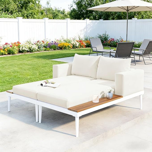 SOFTSEA Outdoor Daybed Patio Metal Frame Daybed with Wood Side Tables, 2-in-1 Convertible Chaise Lounges, Outdoor Loveseat Sofa Set with Cushions for Backyard, Poolside, Beige Natural
