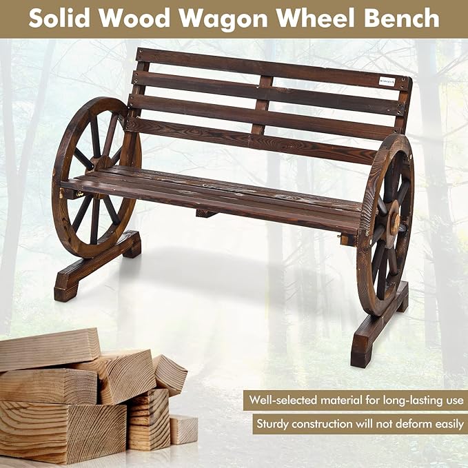 HAPPYGRILL Patio Garden Bench 2-Person Seat Rustic Wooden Wheel Bench with High Back & Wide Seat, Suitable for Patio Porch Garden