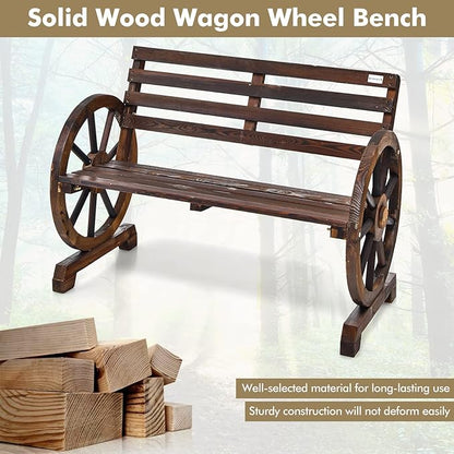 HAPPYGRILL Patio Garden Bench 2-Person Seat Rustic Wooden Wheel Bench with High Back & Wide Seat, Suitable for Patio Porch Garden