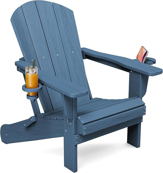 SERWALL Folding Adirondack Chair, Dual Cup Holders & All-Weather HDPE, Wood-Like Patio Chair-Navy