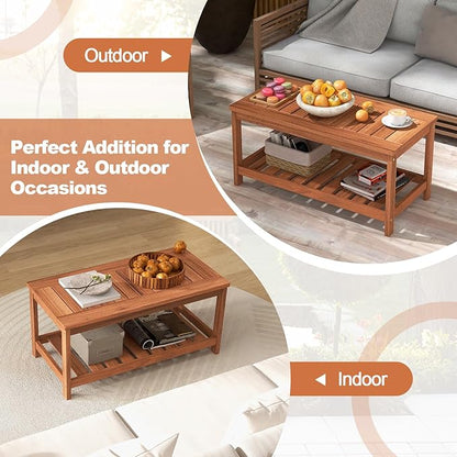 Giantex Hardwood Patio Coffee Table - 2-Tier Wooden Coffee Table with Slatted Tabletop & Storage Shelf, Outdoor Rectangular Center Table for Backyard, Garden, Poolside, Balcony & Indoor, Walnut