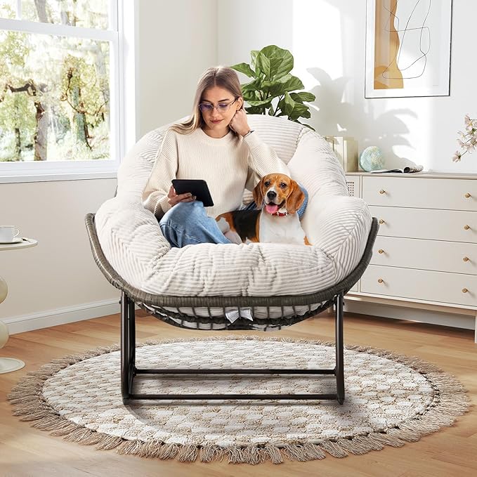 Large Indoor Rocking Chair, Oversized Rocking Papasan Chair with Thick Cushion and Frame,Comfy Corduroy Rocker Wicker Egg Chairs Lounge Reading Chair for Living Room, Bedroom, Apartment, White