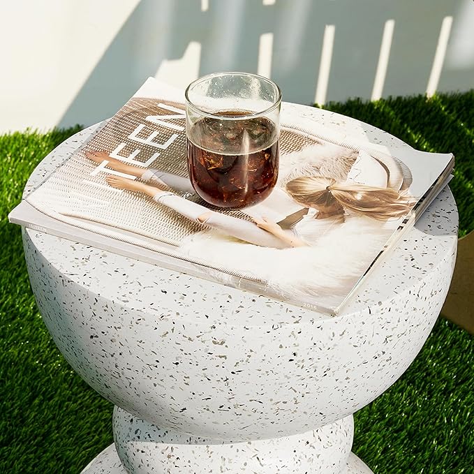 Glitzhome Outdoor Side Tables Set of 2, Heavy Duty Patio Sturdy Faux Terrazzo Decorative Garden Stool Planter Stand for Indoor Covered Outdoor, 17.25" H, Faux White