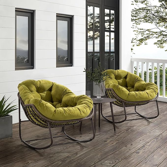 Large Indoor Outdoor Rocking Chair, Oversized Rocking Papasan Chair with Thick Cushion and Frame Outdoor Rocker, Comfy Wicker Egg Chairs Lounge for Outside Porch Patio Backyard (Olive Green, Set of 2)