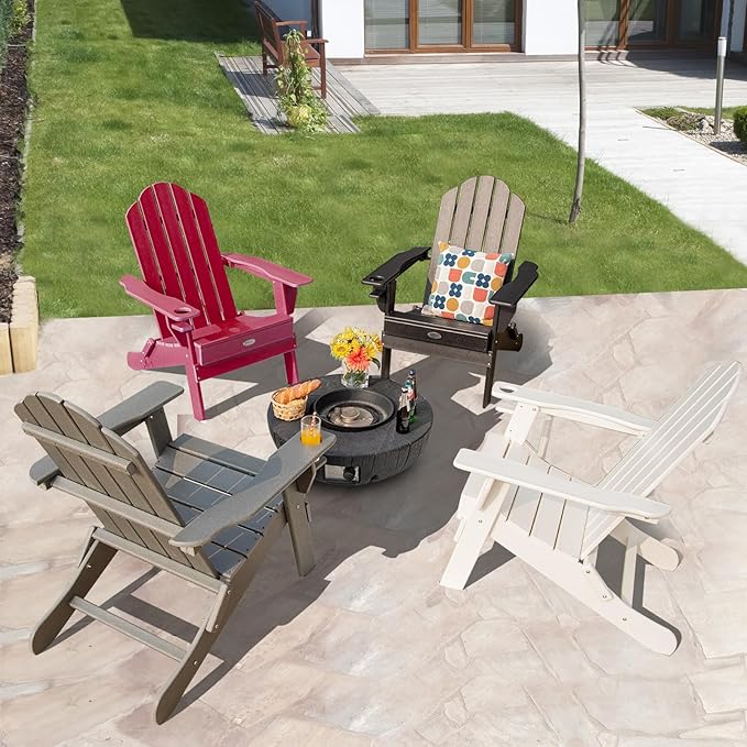Tangkula Outdoor Folding Adirondack Chair, HDPE Armchairs with Cup Holder, Weather Resistant Lounger Chair for Patio Garden Fire Pit Backyard, Lawn Porch Seating, Adirondack Lounger (4, Red)
