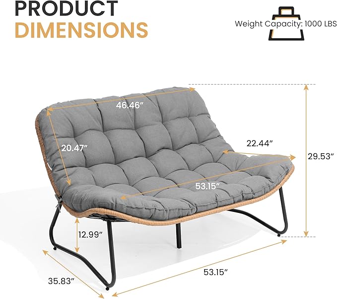 Crestlive Products Outdoor Loveseat, 2 Seater Outdoor Couch with Soft Cushion, All-Weather Boho Rattan Patio Furniture for Balcony, Poolside, Backyard, Porch (Dark Gray)