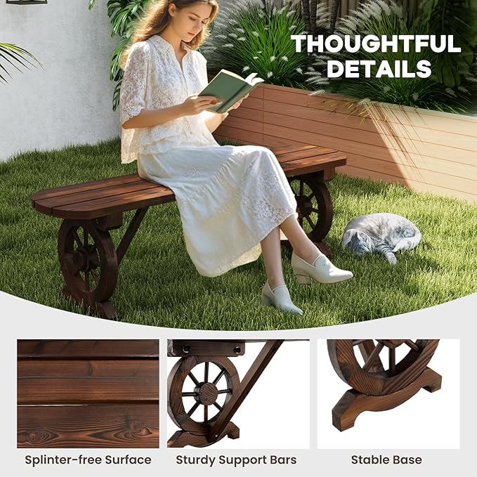 HAPPYGRILL Patio Wood Bench Outdoor Rustic Wagon Wheel Bench w/Carbonized Finish & Fir Construction, 2-Person Wooden Outdoor Bench for Patio, Garden, Porch, Park