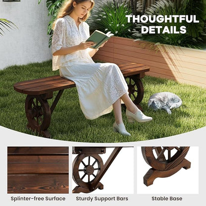 HAPPYGRILL Patio Wood Bench Outdoor Rustic Wagon Wheel Bench w/Carbonized Finish & Fir Construction, 2-Person Wooden Outdoor Bench for Patio, Garden, Porch, Park