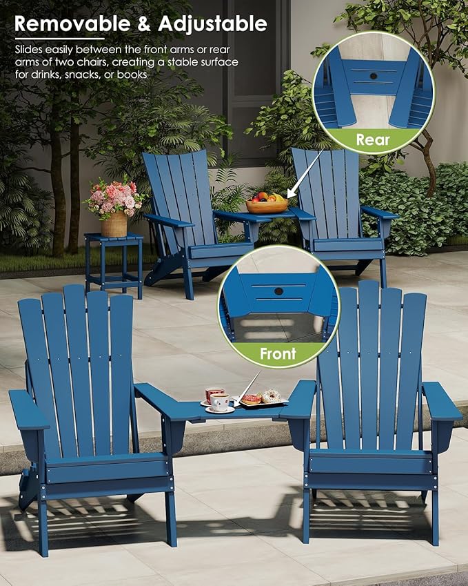 GREENVINES Folding-Adirondack-Chairs-Set-of-2 | HDPE Plastic | Throne Series | Fire Pit Chair | with Connecting Tray | Removable Table | All Weather | for Outdoor Patio Deck Poolside | Blue