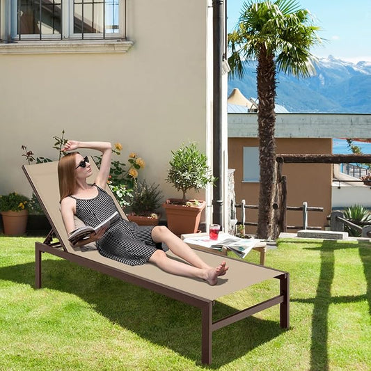 Giantex Patio Chaise Lounge Chair, Outdoor Sunbathing Chair Lawn Reclining Lounger with 6 Adjustable Position, Aluminium Frame, Outside Tanning Chairs for Deck,Yard, Pool Lounge Chairs (1, Brown)