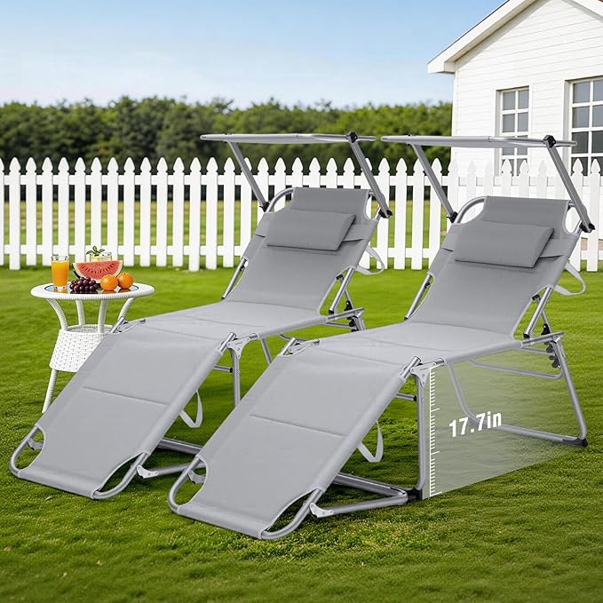 Unovivy Outdoor Lounge Chairs with Canopy Set of 2, Folding Tanning Chair with 5-Position Reclining Back - Photo 1