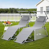 Unovivy Outdoor Lounge Chairs with Canopy Set of 2, Folding Tanning Chair with 5-Position Reclining Back - Photo 1