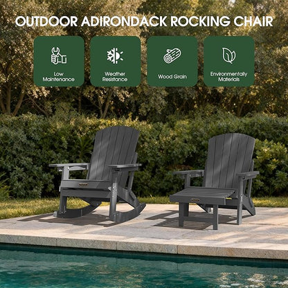 Adirondack Rocking Chair with Retractable Ottoman Set of 4, 4-in-1 Foldable Reclining Patio Chair, HDPE Wood-Look Outdoor Rocker for Porch, Garden & Poolside, Grey
