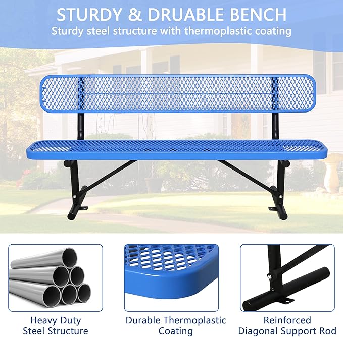 4/6/8 Feet Park Bench for Outside Heavy Duty Metal, Garden Benches Outdoor Bench with Backrest & Portable Frame, for Shopping Malls Stores Parks Patios Decks, Blue