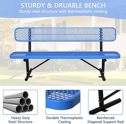 4/6/8 Feet Park Bench for Outside Heavy Duty Metal, Garden Benches Outdoor Bench with Backrest & Portable Frame, for Shopping Malls Stores Parks Patios Decks, Blue