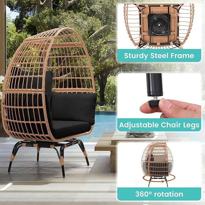Oversized 360° Swivel Rattan Egg Chair for Adult, Indoor Outdoor Patio Large Wicker Egg Chair with Overstuffed Cushions, 440lb Weight Capacity, Natural Rattan with Black Cushion