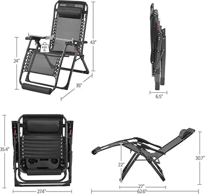 Yaheetech 29" Zero Gravity Chair Folding Reclining Lounge Recliner with Removable Pad & Headrest & Side Cup Holder Tray for Indoor and Outdoor Black/1