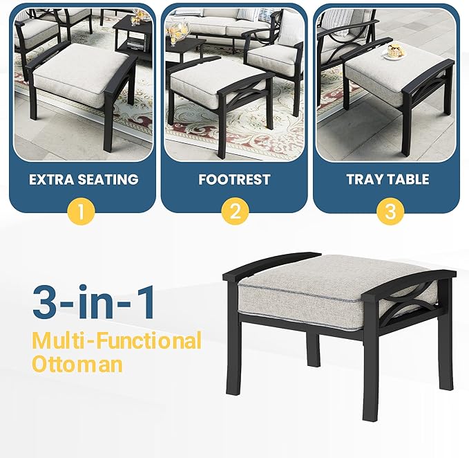 Outdoor Patio Furniture Set, 7 Seats Outdoor Patio Set with 4" Thick Cushion, All-Weather Metal Patio Sofa with Coffee Table, Outdoor Sectional Furniture for Porch Backyard Deck Yard, Black&Beige