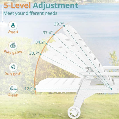 LUE BONA Lounge Chair Outdoor Set of 4, HDPS Chaise Lounge Outdoor with Wheels, 5 Positions Adjustable Pool Lounger Chairs for Outside, Patio, White