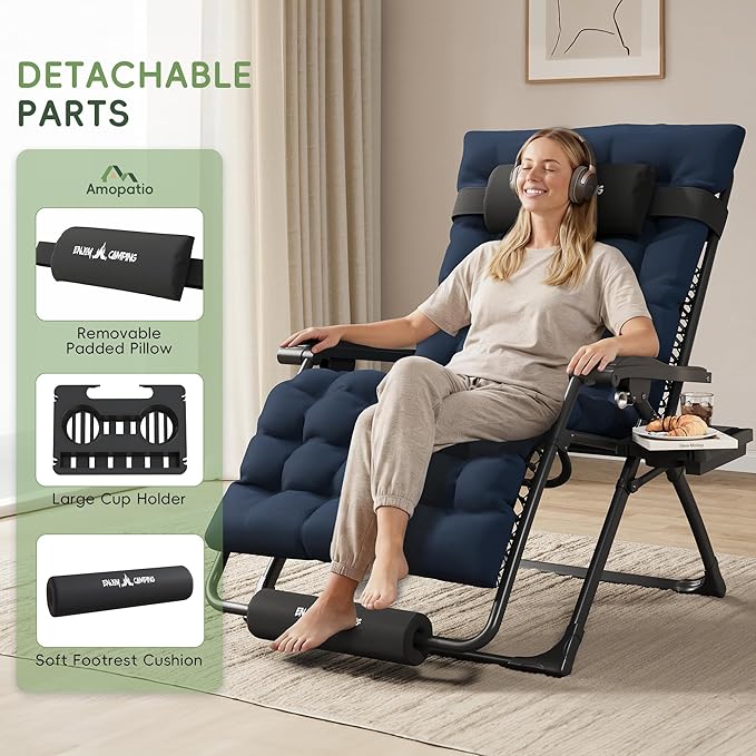 Amopatio Oversized Padded Zero Gravity Chair, XL 29In Reclining Camping Lounge Chair w/Removable Cushion&Headrest - Photo 4