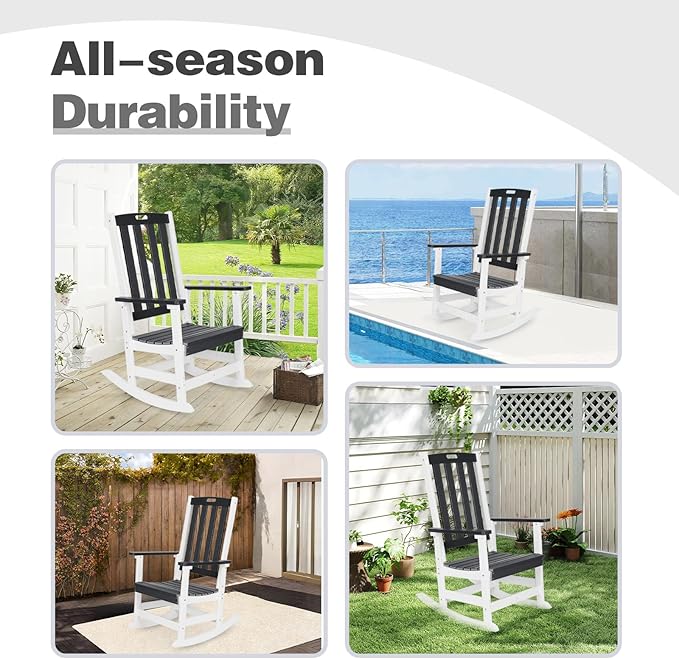 Aoodor Outdoor Rocking Chair, Ergonomic HDPE Rockers with All-Weather Design for Patio or Porch, Clashing Colors, Dark Gray and Whitev,Set of 4