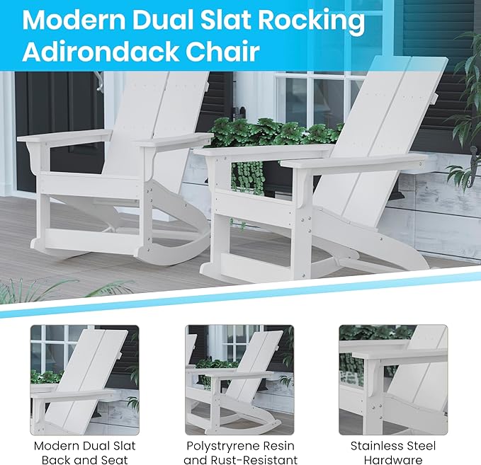 Flash Furniture Set of 2 Finn Modern Commercial Grade Adirondack Rocking Chairs - All-Weather White Poly Resin Wood - Photo 4