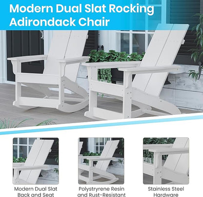 Flash Furniture Set of 2 Finn Modern Commercial Grade Adirondack Rocking Chairs - All-Weather White Poly Resin Wood - Matching Side Table