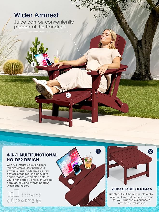 KINGYES Adjustable Folding Adirondack Chair with Footrest & 4-in-1 Multi-Functional Armrest Organizer - Photo 3