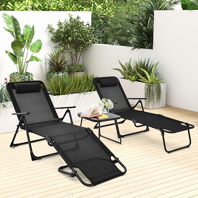 Tangkula 3-Piece Folding Outdoor Chaise Lounge Chair Set, 2 Recliner Chairs & 1 Patio Bistro Table w/Adjustable Backrest - Photo 2