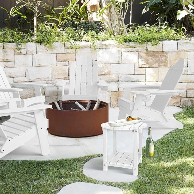Adirondack Round Outdoor Side Table 2-Tier Storage Patio Side Table, HDPE End Tables for Backyard Pool Porch Garden Lawn (White)