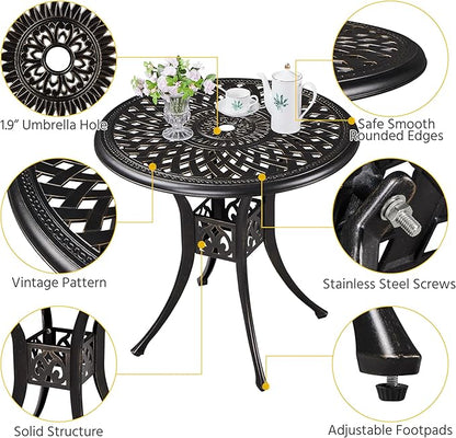 Yaheetech 31in Cast Aluminum Patio Table with Umbrella Hole, Outdoor Round Anti-Rust Small Coffee Bistro Table with Umbrella Hole, Outdoor Furniture for Porch, Backyard, Garden, Bronze