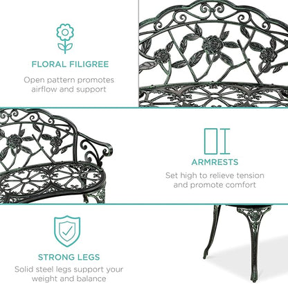 Best Choice Products Outdoor Bench Steel Garden Patio Porch Loveseat Furniture for Lawn, Park, Deck Seating w/Floral Rose Accent, Antique Finish - Black/Green