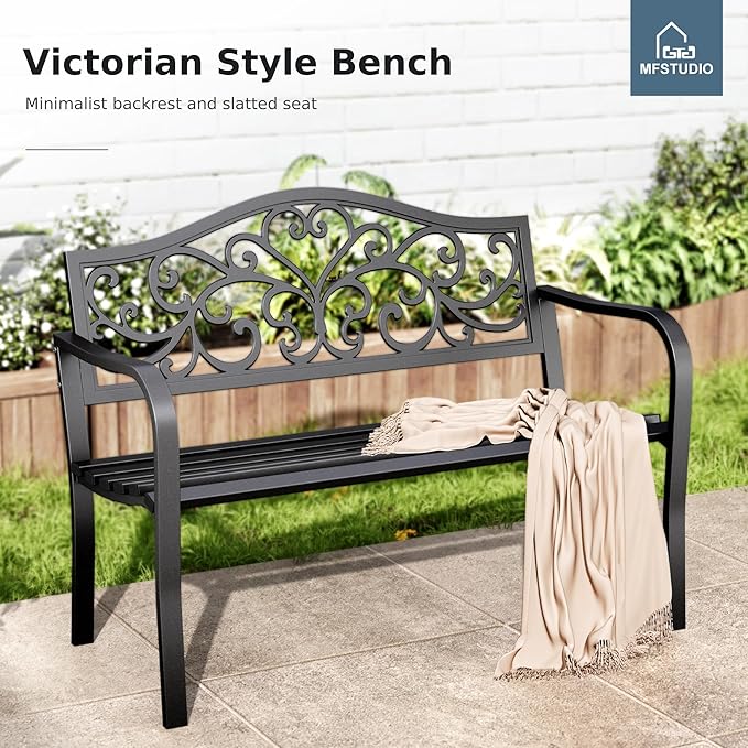 MFSTUDIO Outdoor Metal Bench Set of 2, Garden Patio 43.7 Inches Cast Iron Metal Frame Park Outside Benches with Floral Pattern Backrest for Front Porch, Black, Camelback