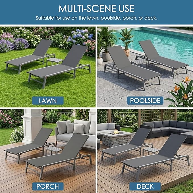 Kozyard 3-Pieces Patio Lounge Set, 2 Foldable Adjustable Lounge Chairs and Side Table, Aluminum Frame, Breathable Textilene Fabric, Assemble-Free, Reclining to Flat for Pool, Beach (Gray)