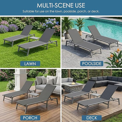 Kozyard Outdoor Foldable Lounge Chair, Aluminum Frame Patio Lounger with 5-Position Adjustable Backrest, Breathable Textilene Fabric, Assemble-Free, Reclining & Full-Flat Poolside (Gray, No Table)
