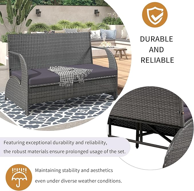 57.1" 2-in-1 Convertible Picnic Upholstered Bench Table, Outdoor Loveseat Picnic Table Couch, Foldable to 4 Seats & 1 Table, Multifunctional Patio Seating for Garden Lawn Backyard Porch（grey）