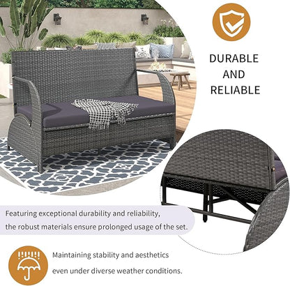 57.1" 2-in-1 Convertible Picnic Upholstered Bench Table, Outdoor Loveseat Picnic Table Couch, Foldable to 4 Seats & 1 Table, Multifunctional Patio Seating for Garden Lawn Backyard Porch（grey）