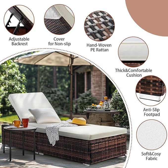 VINGLI Outdoor Chaise Lounge, Wicker Recliner w/Adjustable Backrest, Thick Water Repellent Cushions, Patio Rattan Lounge Chairs for Lawn, Beach, Balcony, Poolside (Brown)