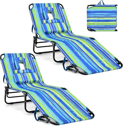 GYMAX Tanning Chair, 330lbs Beach Lounge Chair with Face Hole, Washable Pillow & Carry Strap, Adjustable Folding Chaise Lounge, Layout Lounger for Outside, Patio, Poolside, Lawn (2, Stripe)