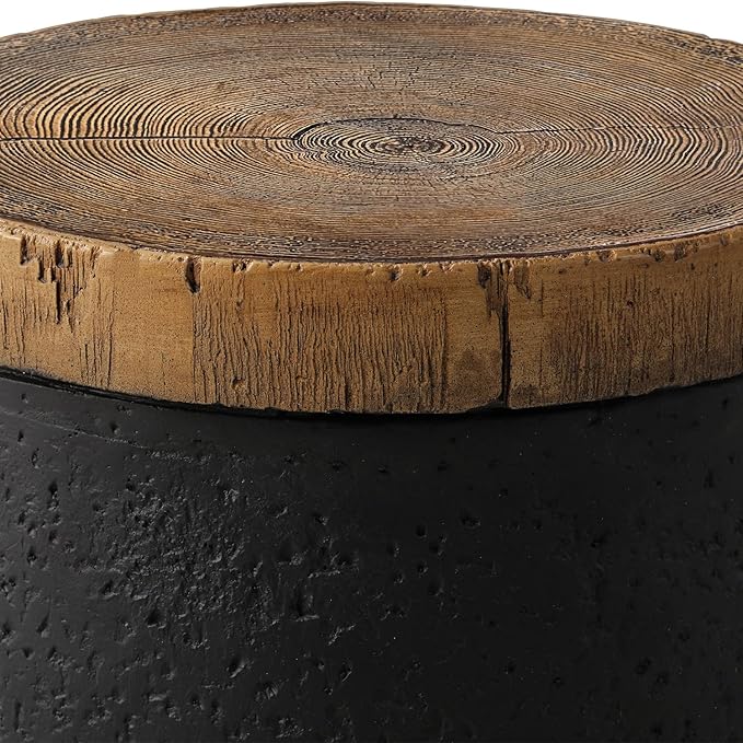 COSIEST Drum End Table Cylinder Shaped Concrete Side Table Faux-Wood Top, Black Outdoor Accent Table with Tree Trunk Slice Hand Painted, Accent Stool