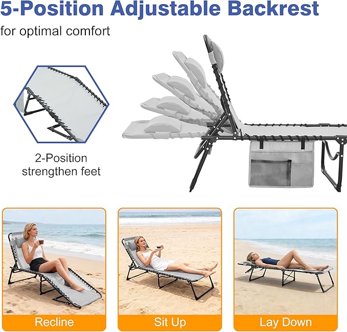 Folding Chaise Lounge Chair, Patio Teslin Tanning Chair, Outdoor Chaise Lounger with 5-Position Reclining Back, Breathable Mesh Seat for Beach, Poolside, Patio Sunbathing Grey